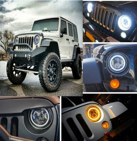 Jeep Wrangler 7 inch round LED headlight kit with white/Switchback halo - OffroadLEDbars